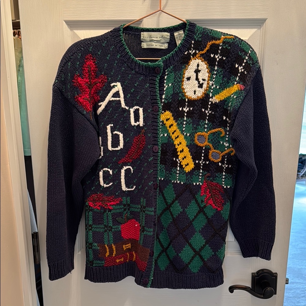 Blue and Red Cardigan with Whimsical Academic Motifs
